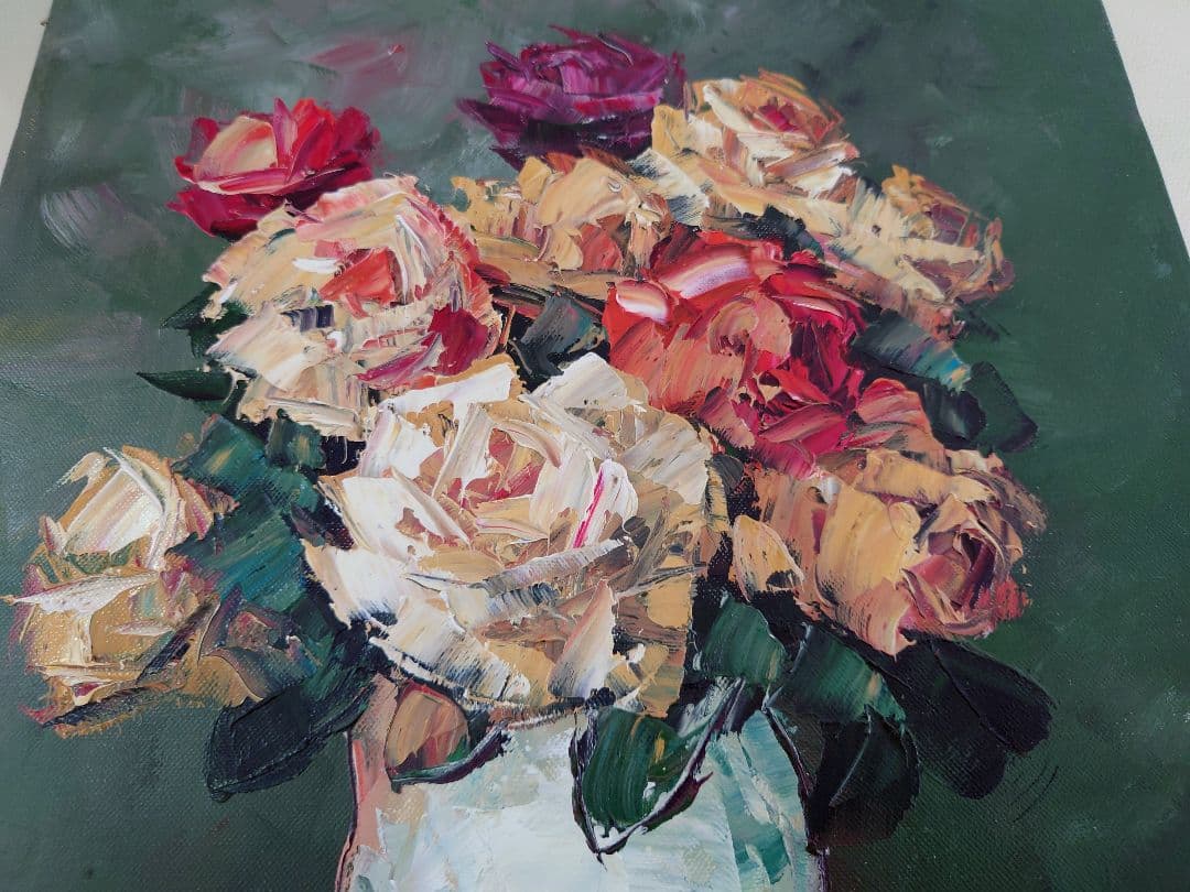 「片瀬剛志」花瓶に入ったバラの油彩画　F6号　真作