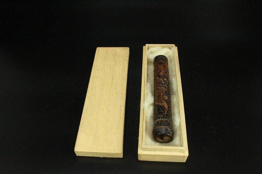 竹 刻花鳥 小筒 高11cm 提物 旧家蔵出