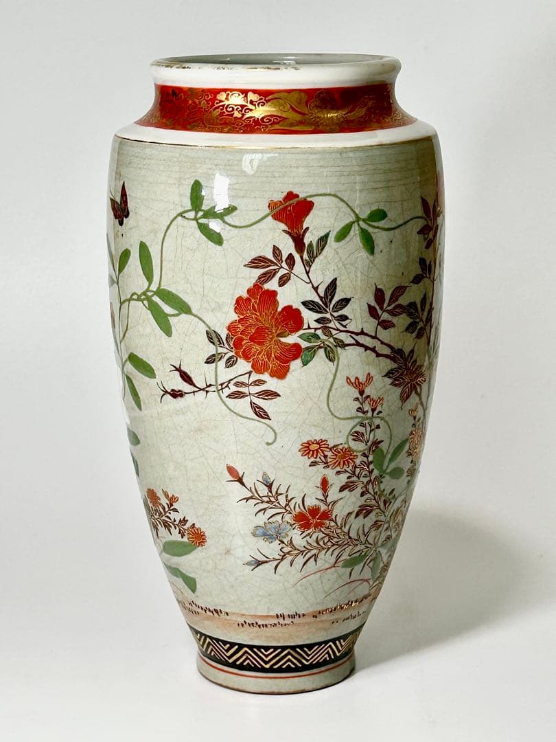 二代 井上良斎 釉下彩浮彫青磁花瓶 東京焼 隅田焼