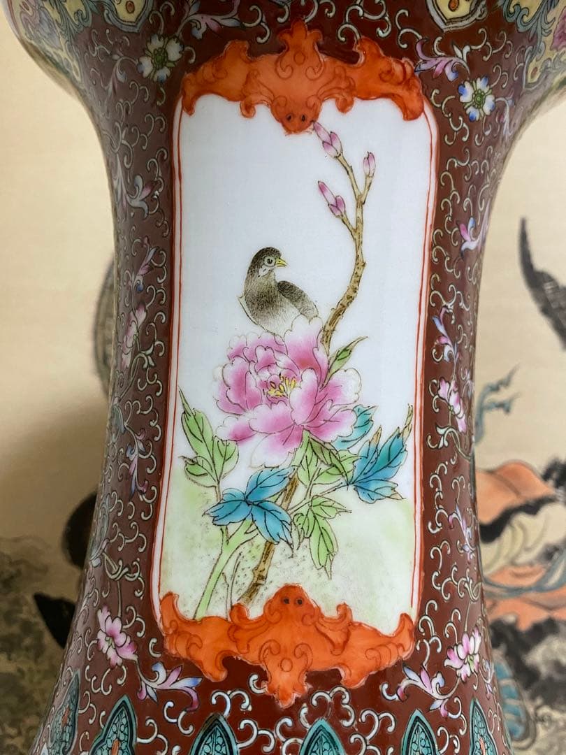清朝　唐物　大清乾隆年製　彩色花鳥図花瓶　花器　骨董品　壺　古美術品