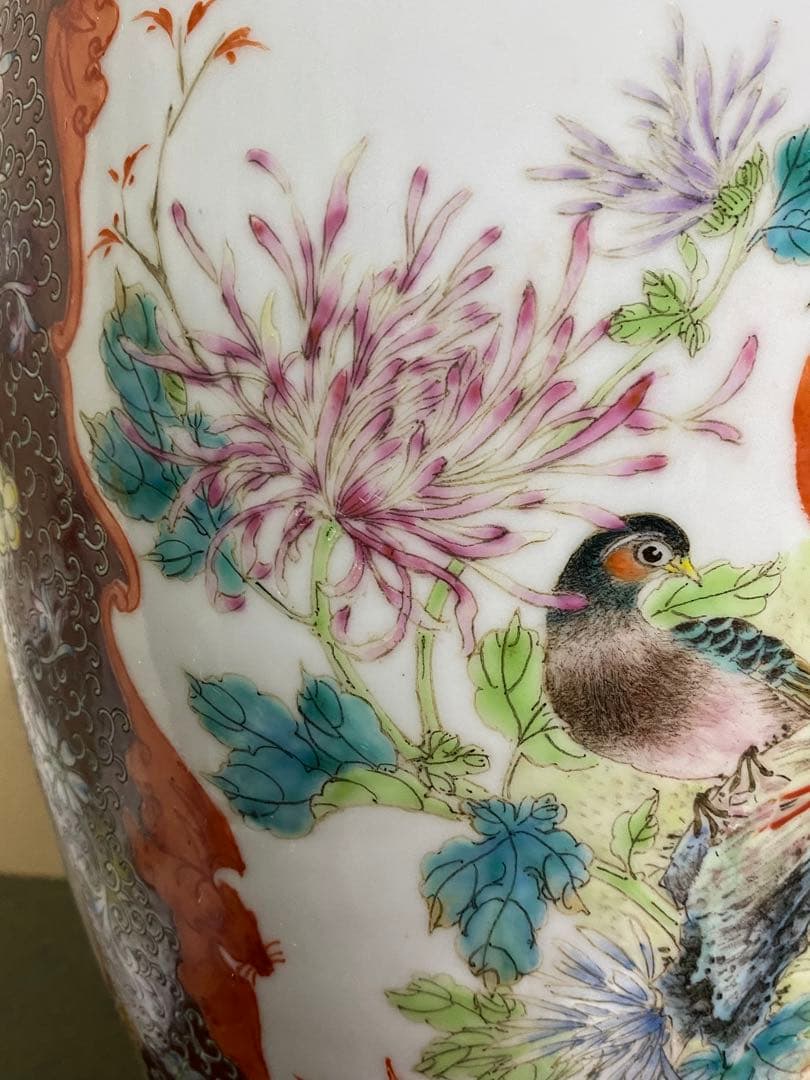 清朝　唐物　大清乾隆年製　彩色花鳥図花瓶　花器　骨董品　壺　古美術品