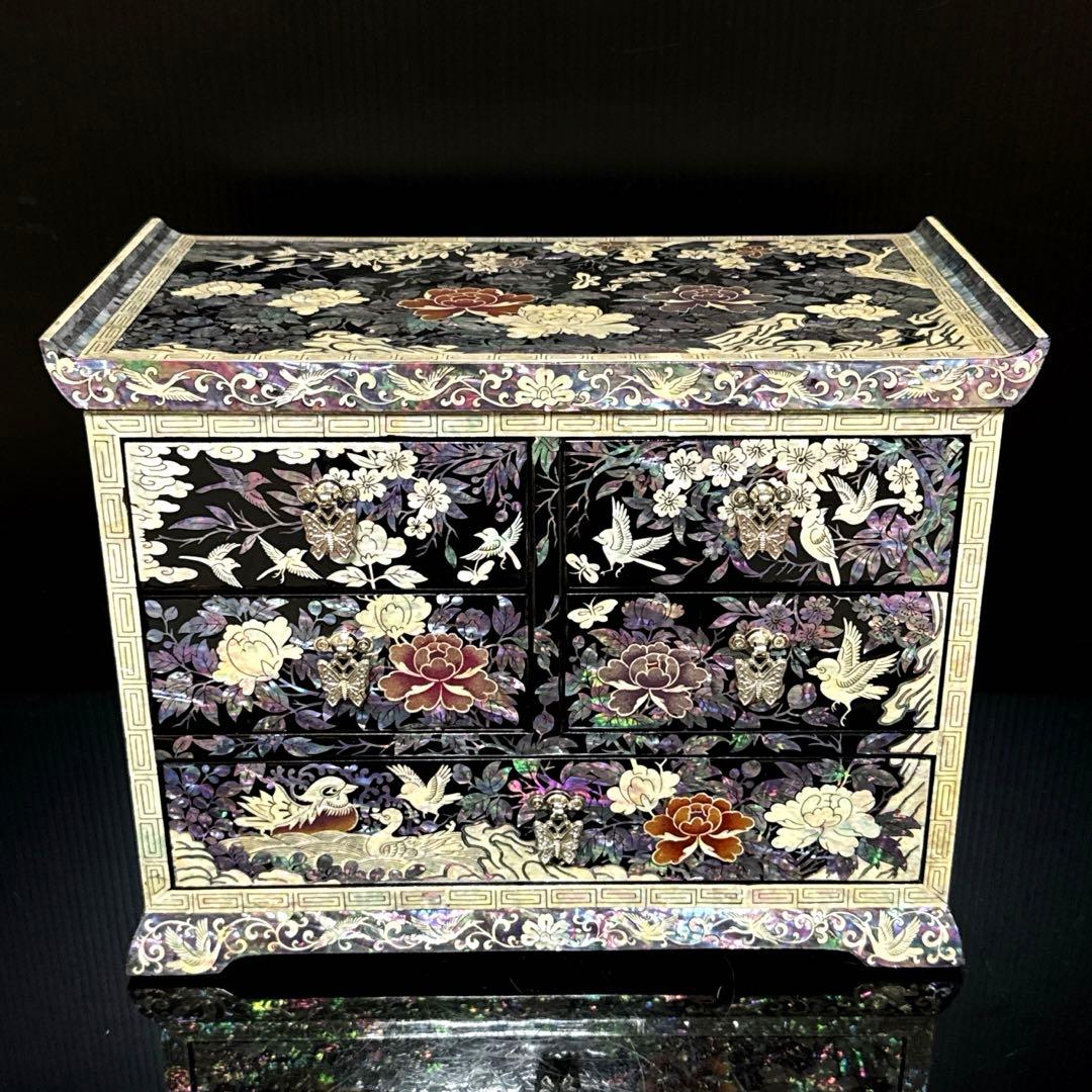 極上 成官鎬印 細密彫刻 螺鈿 華鳥図 宝石箱 小箱 ジュエリーボックス