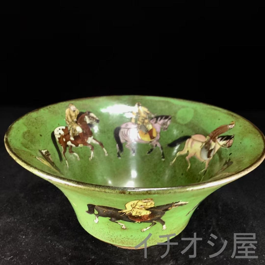 中国古美術 旧蔵收 宋建窯 彩絵馬人图斗笠碗 茶碗 古磁器 茶道具 唐物雅器