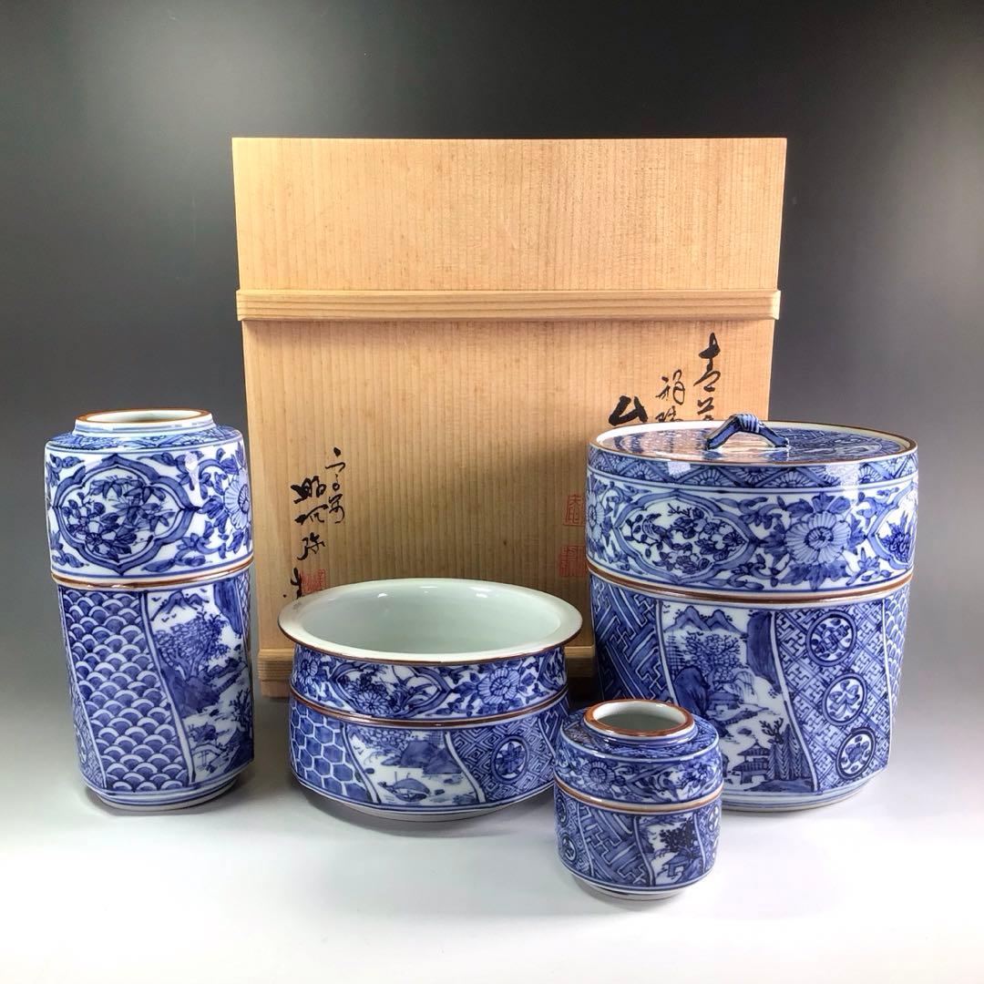 Ｒ１１７　皆具　『平安　昭阿弥造』『青華祥瑞腰捻』『台子皆具』　共箱　茶道具