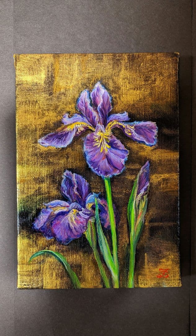 油絵絵画「あやめ」油絵　サムホールキャンバス　画家出品　花絵画【額なし】風景画