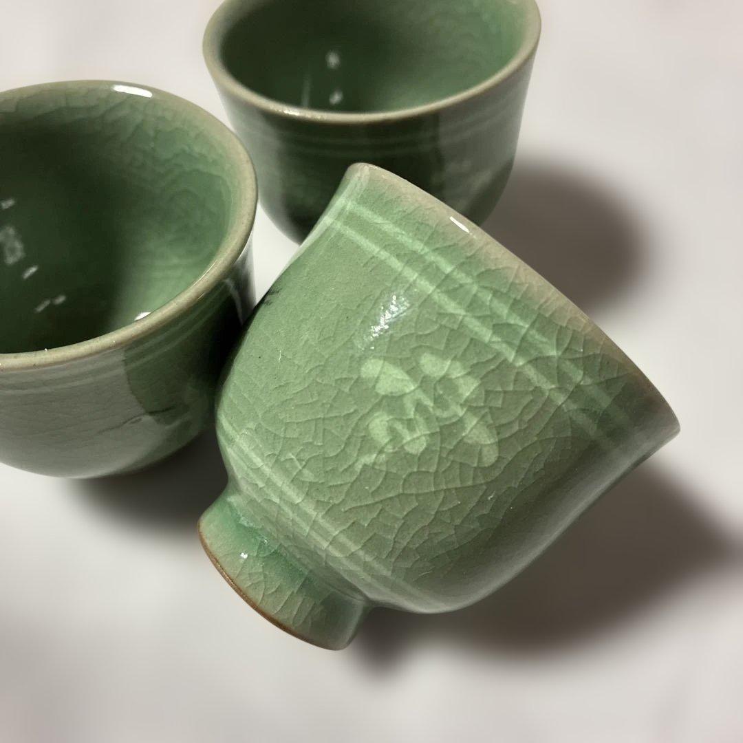 お猪口　高麗青磁 盃 3客 飛鶴文 貫入 韓国人間文化財 申相浩 器　和