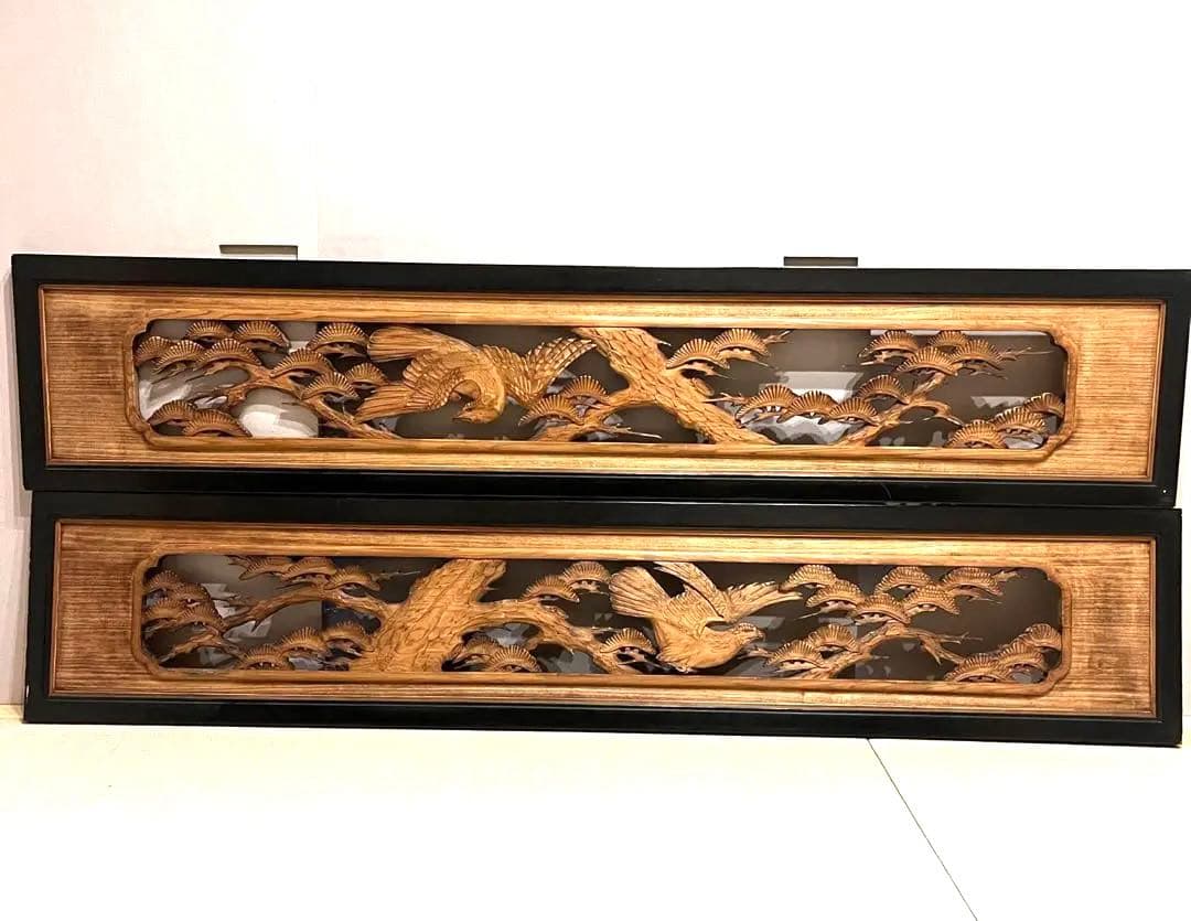 【欄間 】木彫り 彫刻 漆 和室 松 鷲 昭和レトロ 一対 家具