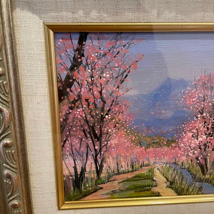 真作　正規品　宮本信洲　油絵　肉筆 真作 油彩画 「あんず咲く里」　宮本信州