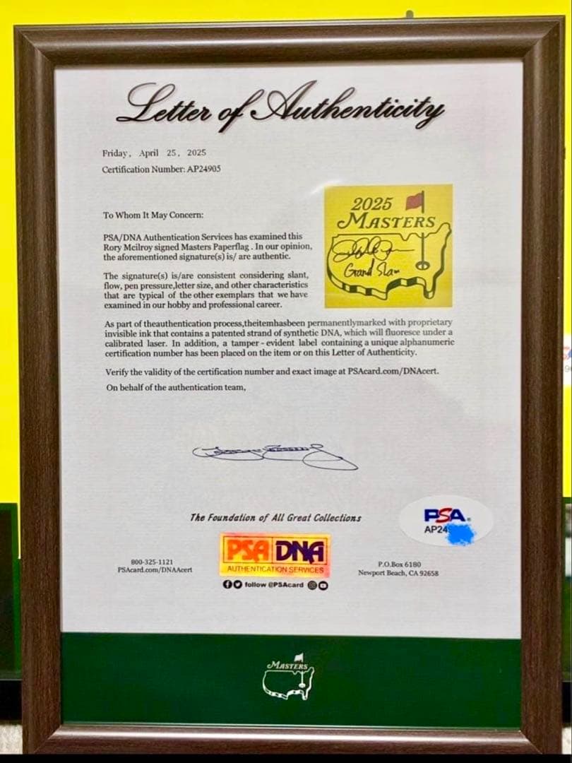 貴重！ローリーマキロイグランドスラム２０２５年マスターズ直筆サイン　鑑定書付