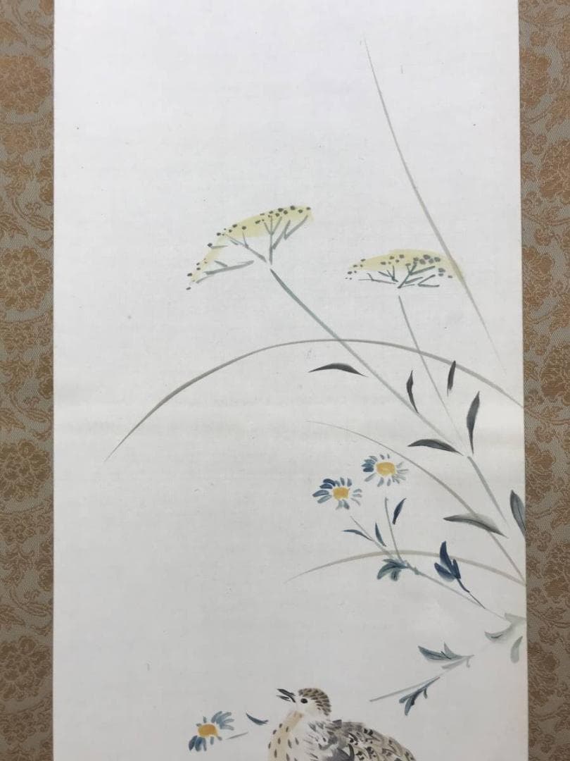 真作/矢野橋村/秋草鶉図/花鳥図/ウズラ図/掛軸☆宝船☆AE-406