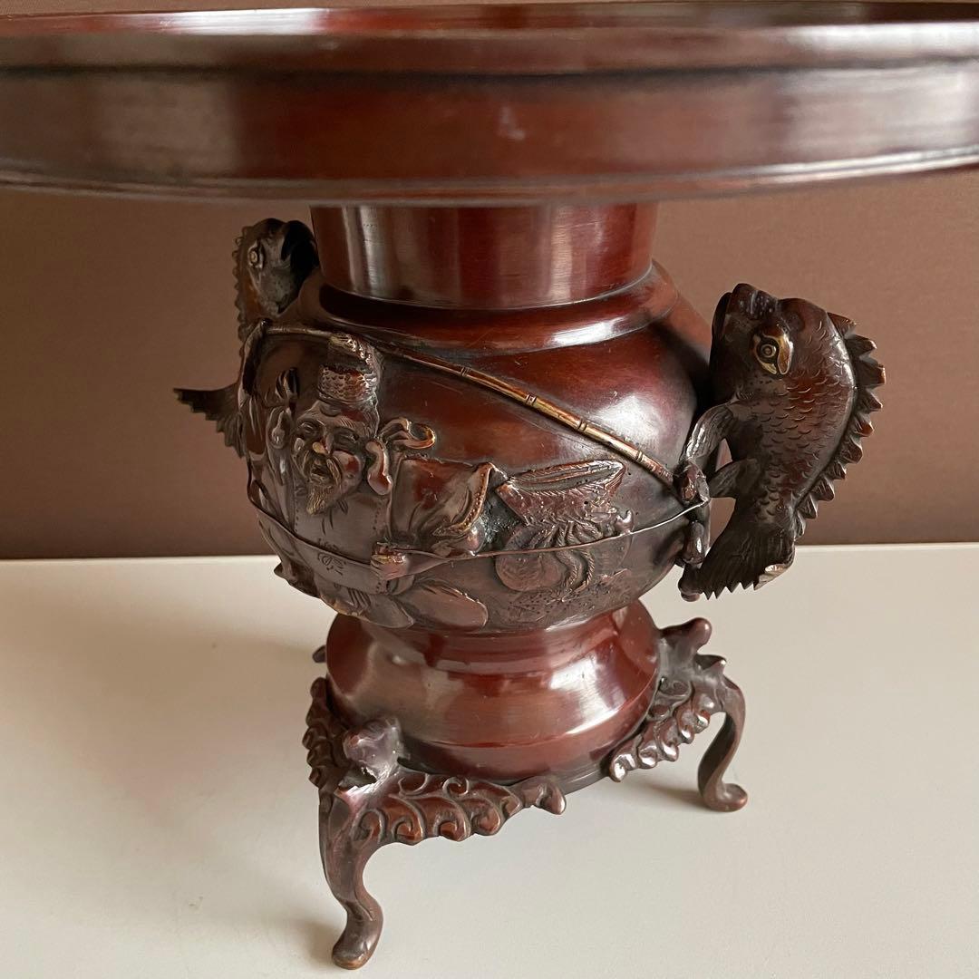 シ*イ様 銅花器 薄端 金工師 五郎三郎 恵比寿文 鯛彫双耳 三足 重さ3.6k