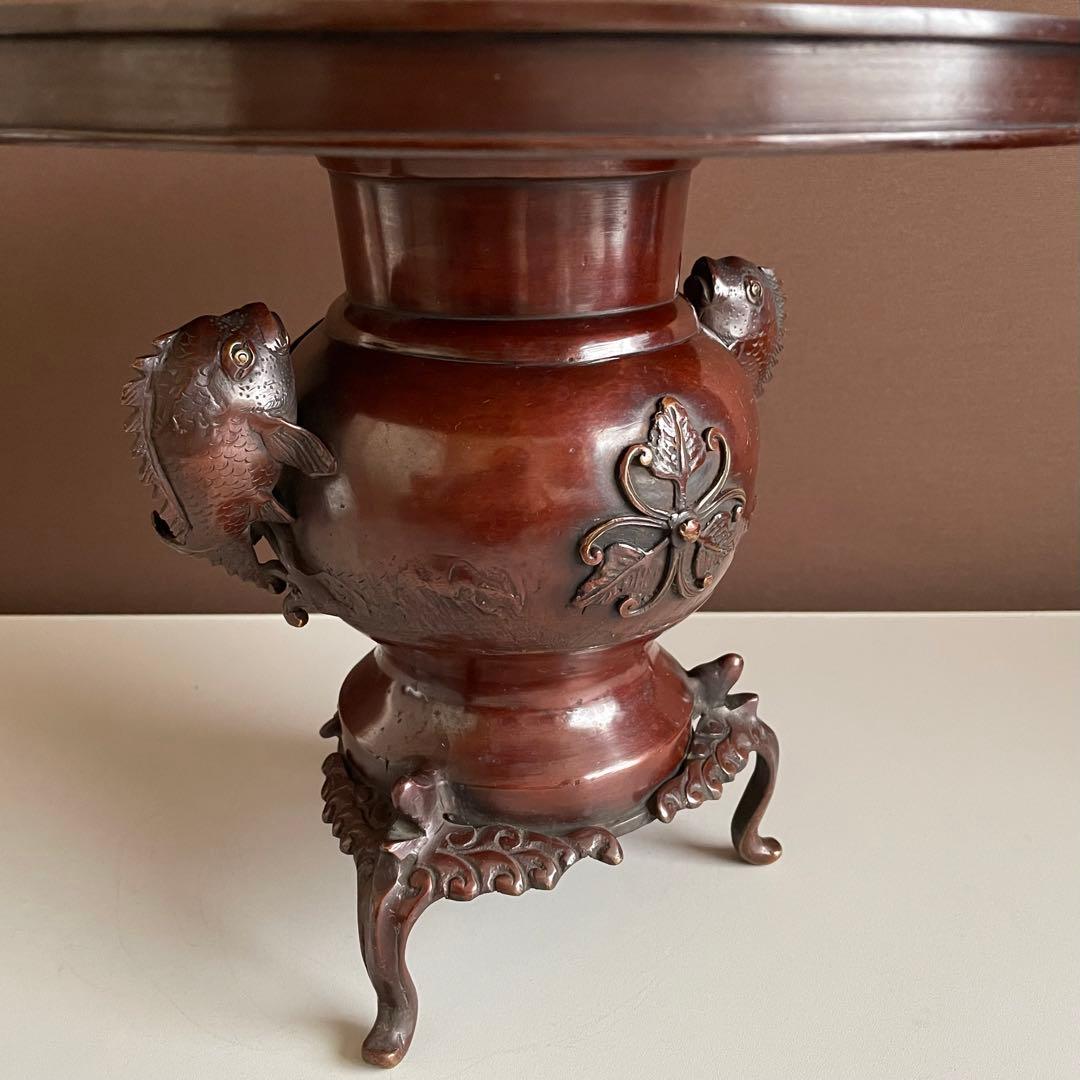 シ*イ様 銅花器 薄端 金工師 五郎三郎 恵比寿文 鯛彫双耳 三足 重さ3.6k