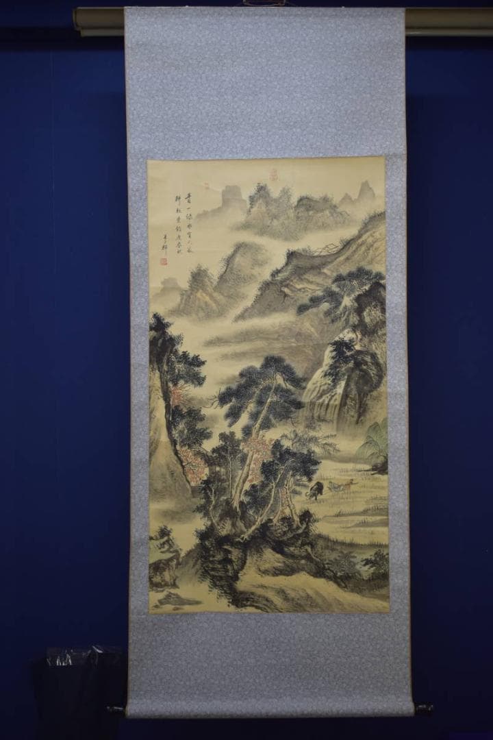 真作/王子輝/山水/人物/牛/画賛/中国画/布袋屋掛軸HJ-9