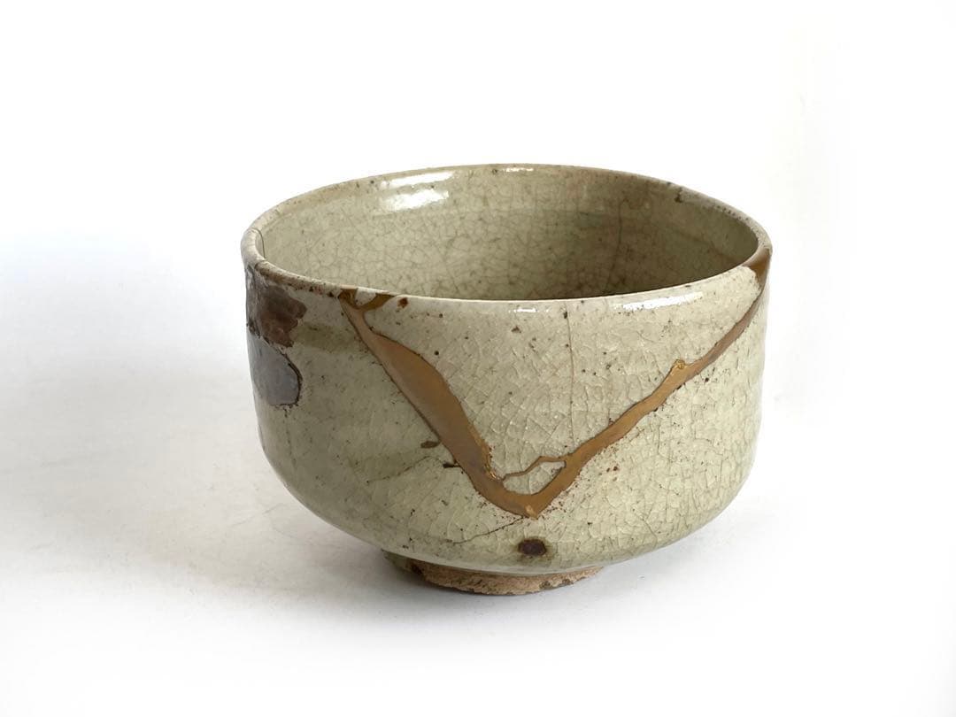 骨董　アンティーク　黄瀬戸　茶碗　金継ぎ　御深井焼　共箱　銘雨後