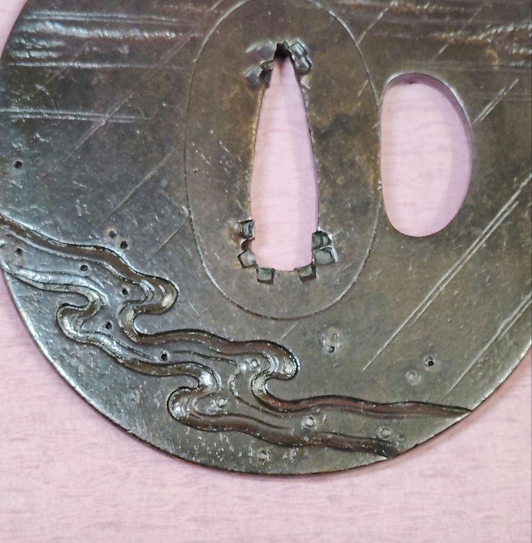 刀装具 鐔 鍔 無銘 銅地 象嵌 風景図 丸形鐔 時代物