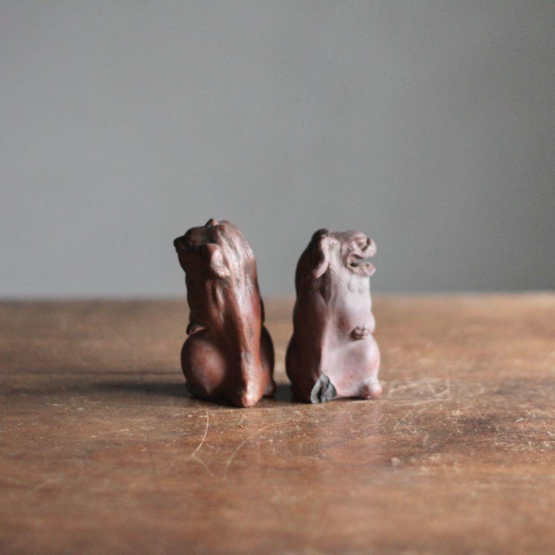 獅子と狛犬 陶人形 備前焼 古道具 アンティーク オブジェ