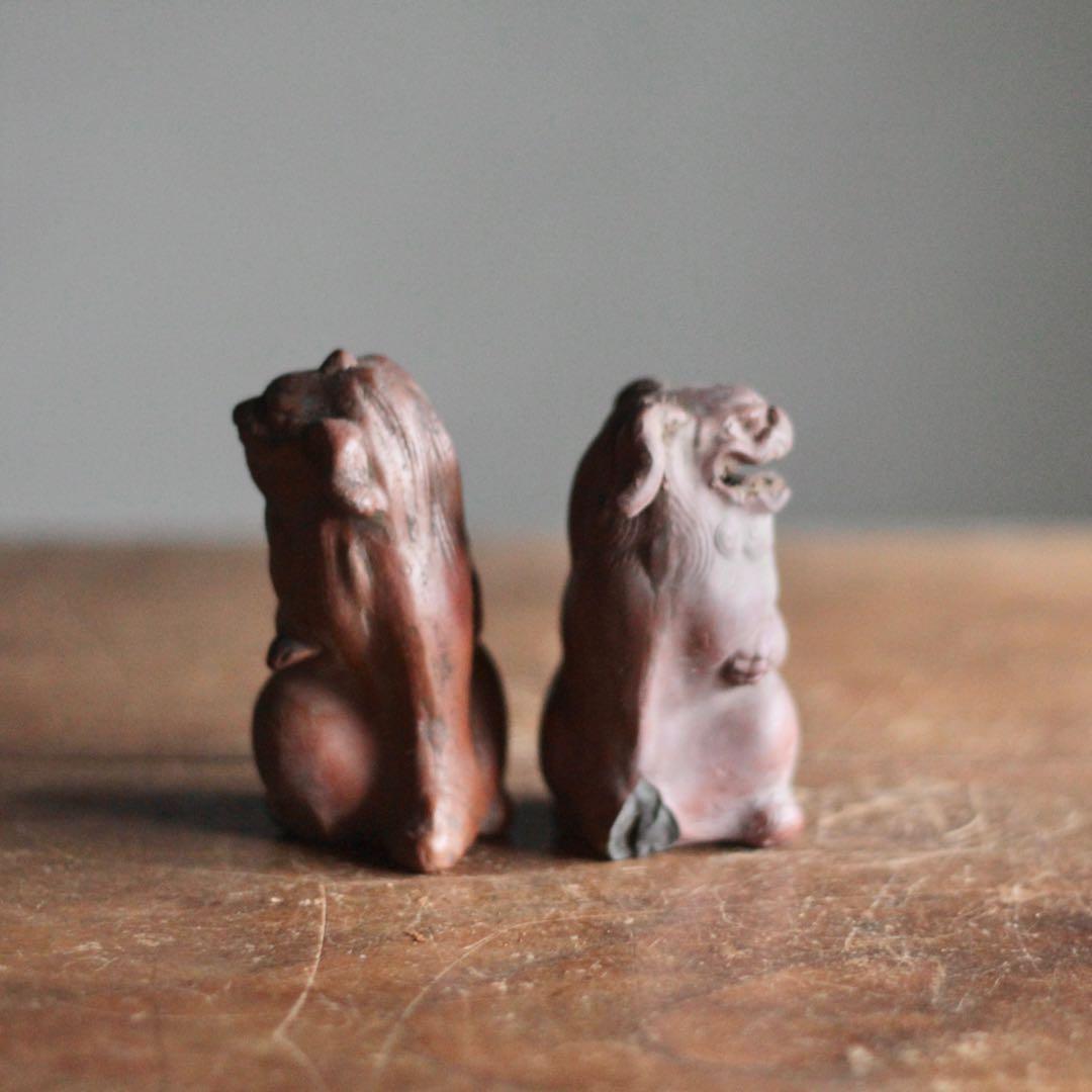 獅子と狛犬 陶人形 備前焼 古道具 アンティーク オブジェ