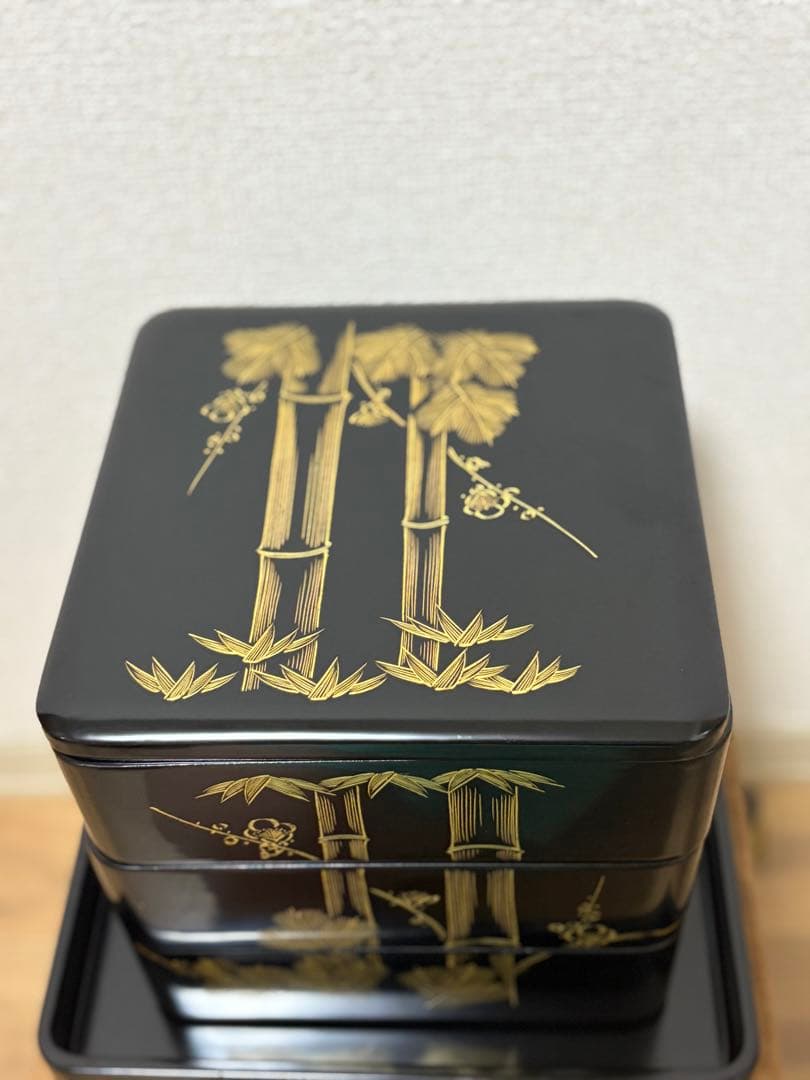 越前漆器 3段重箱 山久漆工　台付き　箱付き　レトロ　年代物　金箔装飾　おせち