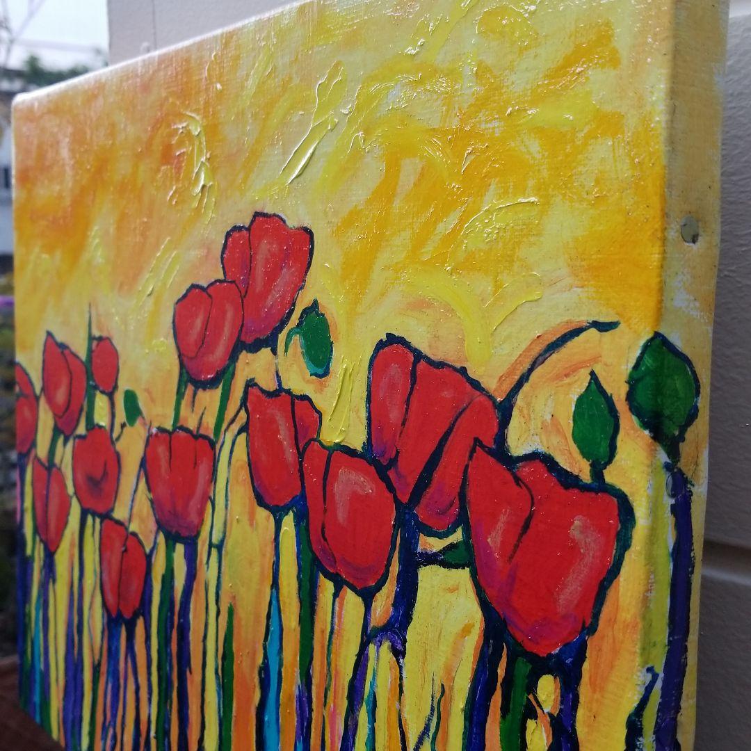 油絵　専用　春を告げる夕焼けのポピー