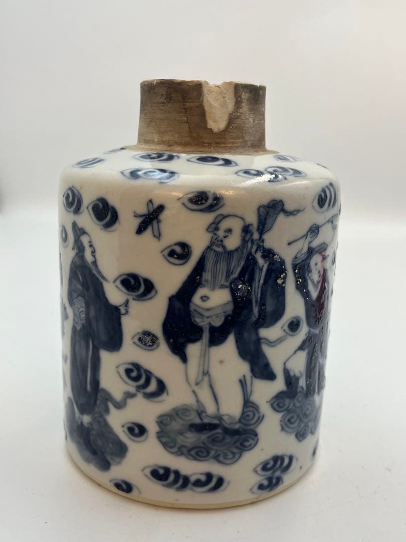 中国清朝染付 青花ハ仙人物紋瓶在銘利奥記唐物 時代物口縁に修繕あり