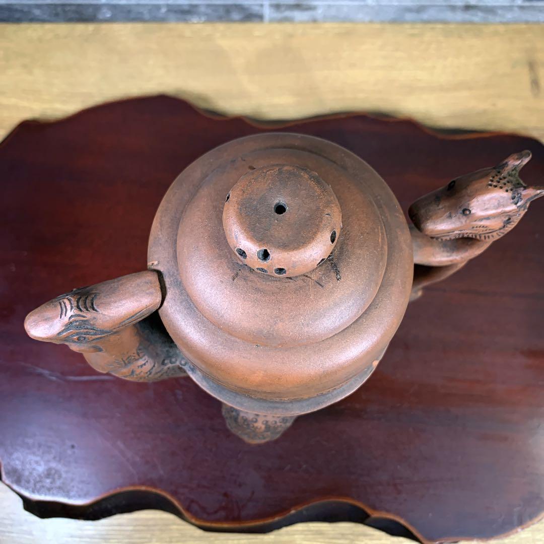 希少品　中国古美術品　茶器　宜興紫砂　陶器　急須　茶壺　お猪口付き　鳳凰　龍