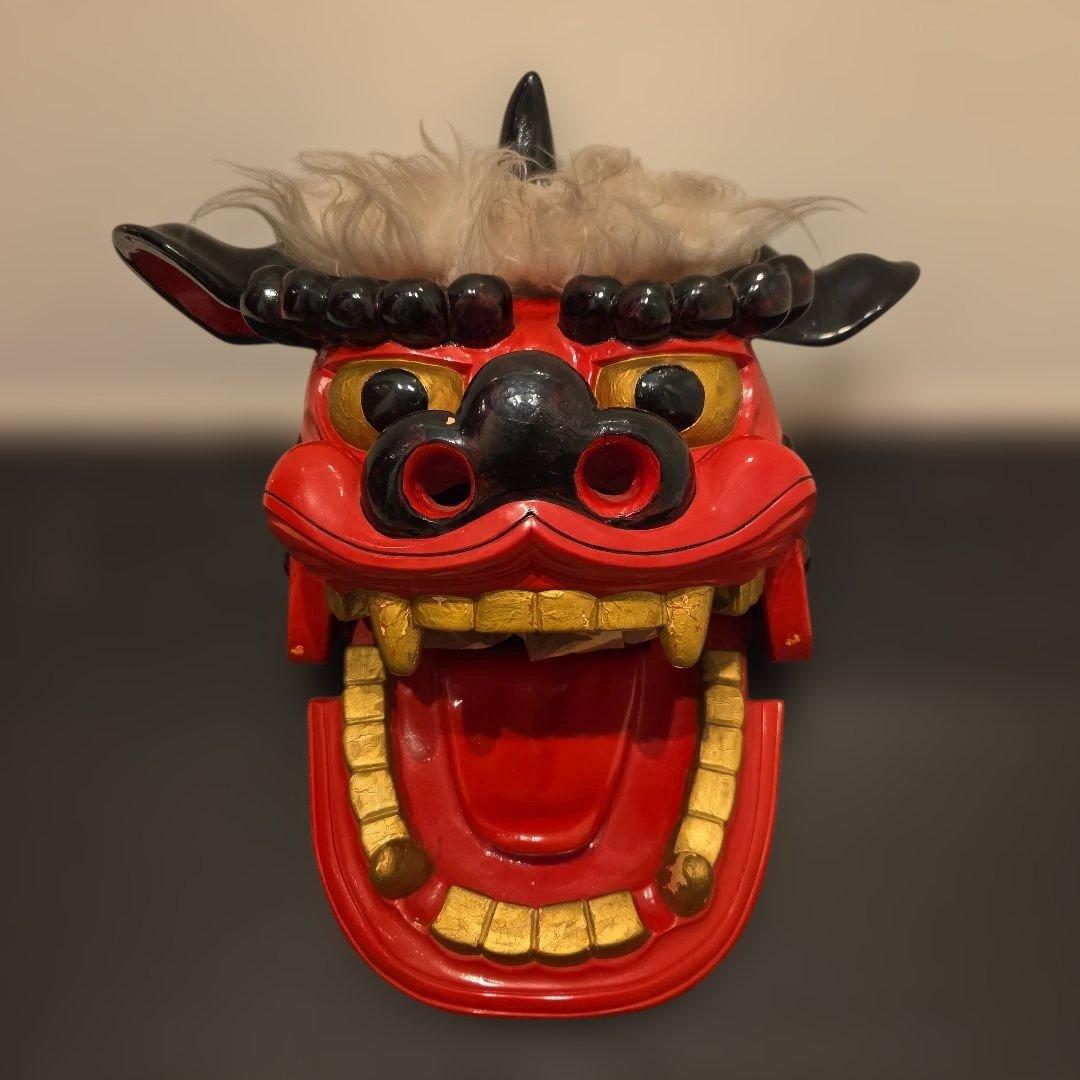 旧家蔵出 大振 獅子頭 雄 木彫 獅子舞い 彫刻 朱塗 漆塗