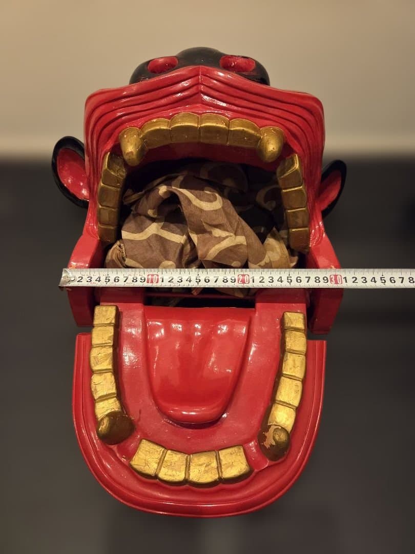 旧家蔵出 大振 獅子頭 雄 木彫 獅子舞い 彫刻 朱塗 漆塗