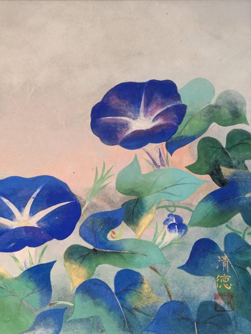 【真作】絵画　五十嵐清徳　日本画8号　朝顔　涼やかな夏の景色　夏の情景　Z16