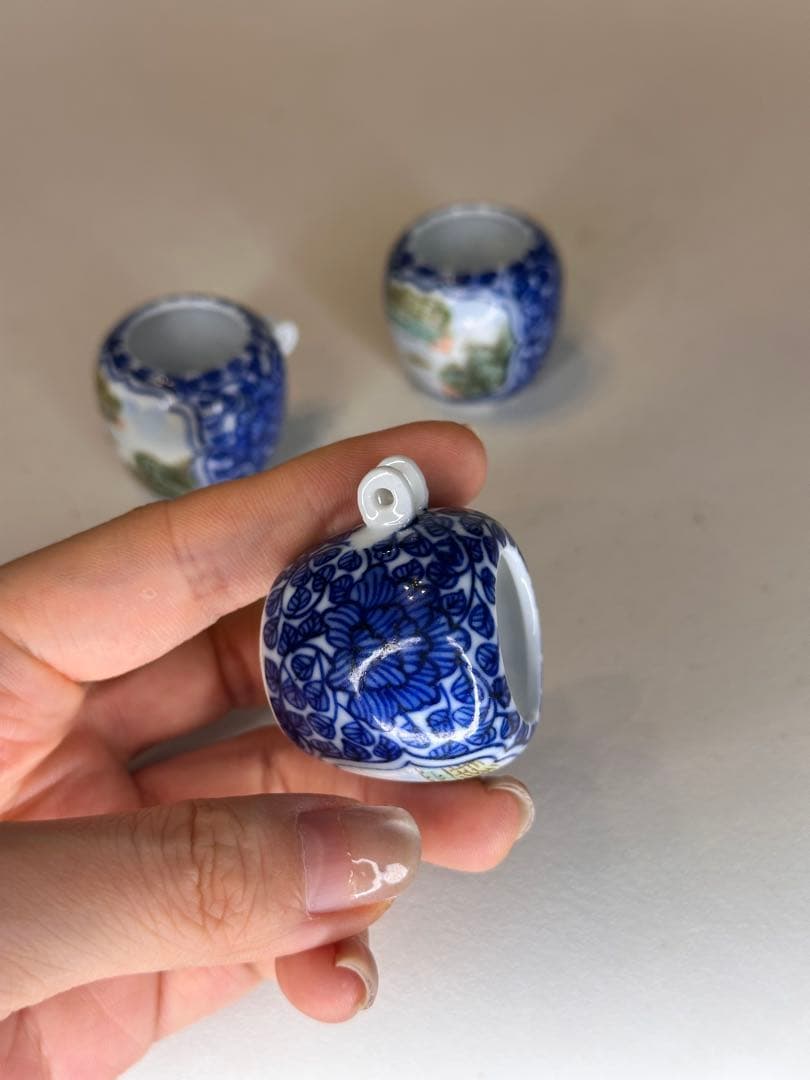 染付 色絵 鳥用 食器 小杯 三点 鳥餌入れ 古美術