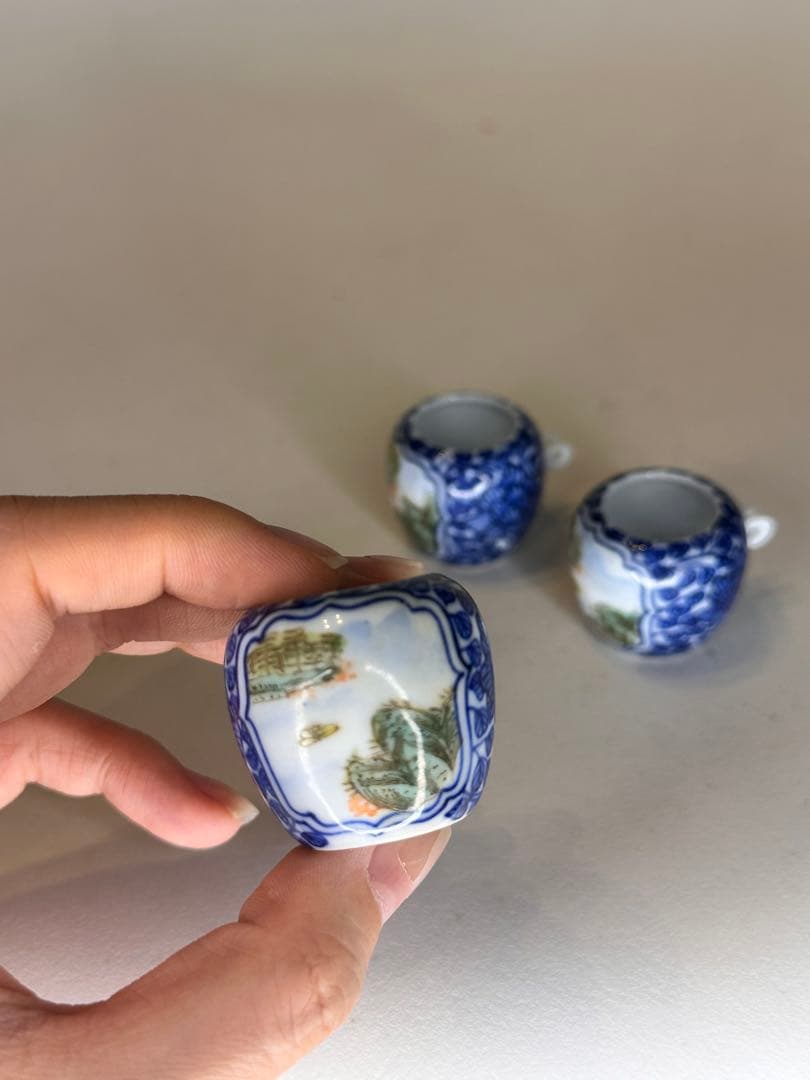 染付 色絵 鳥用 食器 小杯 三点 鳥餌入れ 古美術
