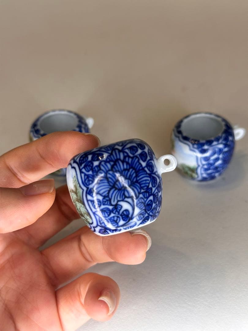 染付 色絵 鳥用 食器 小杯 三点 鳥餌入れ 古美術