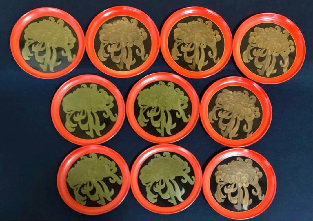 「祖」菊花 蒔絵 菓子皿10客 横越 自入 共箱 (122A②)