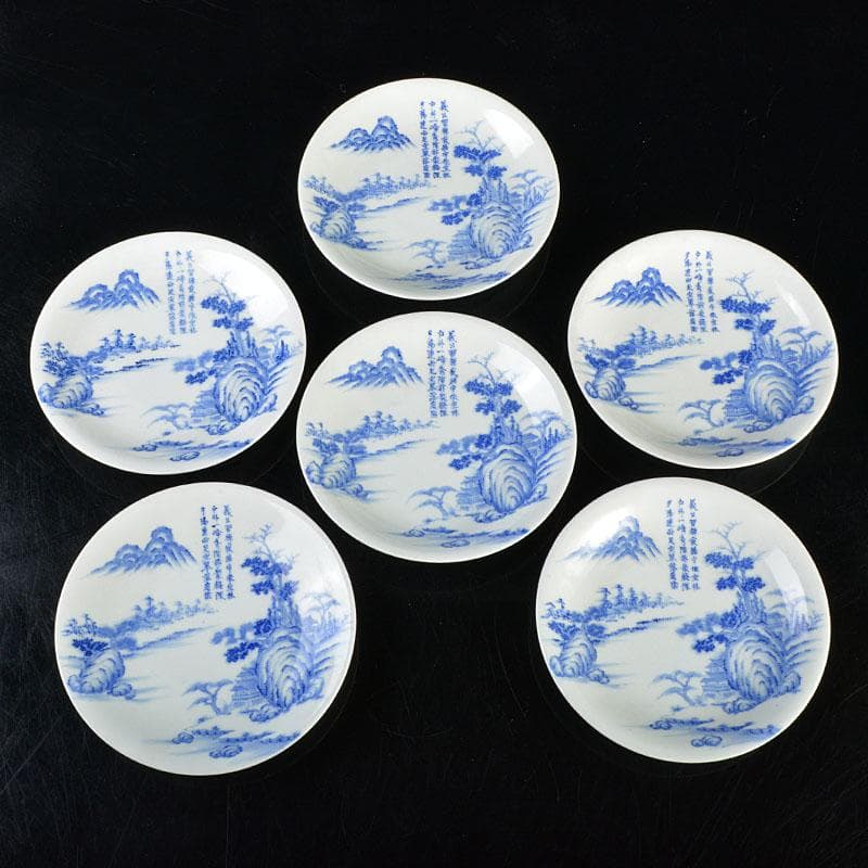 肥前平戸焼　嘉祥作　染付　漢詩山水画　六寸皿　六客　共箱　M　R4532B