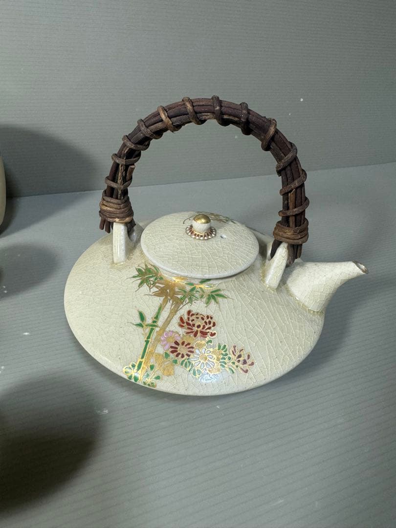 2523 薩摩焼　竹菊文　茶器セット　急須1客　猪口5客　湯呑蓋付2客