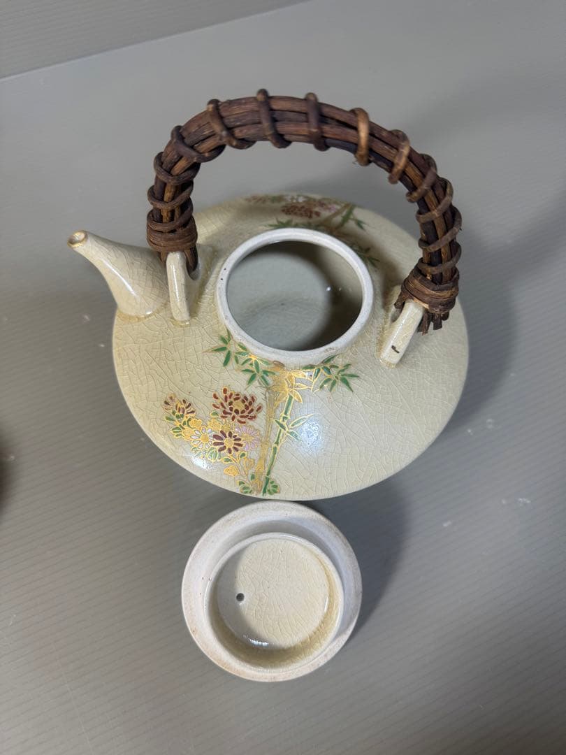 2523 薩摩焼　竹菊文　茶器セット　急須1客　猪口5客　湯呑蓋付2客