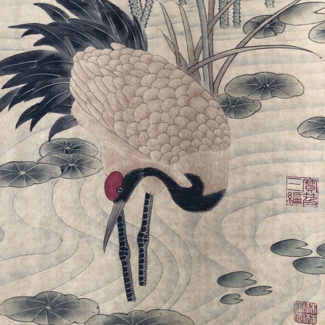 呂紀 荷花双鶴図 掛け軸 三尺中堂 サイズ：174×77cm