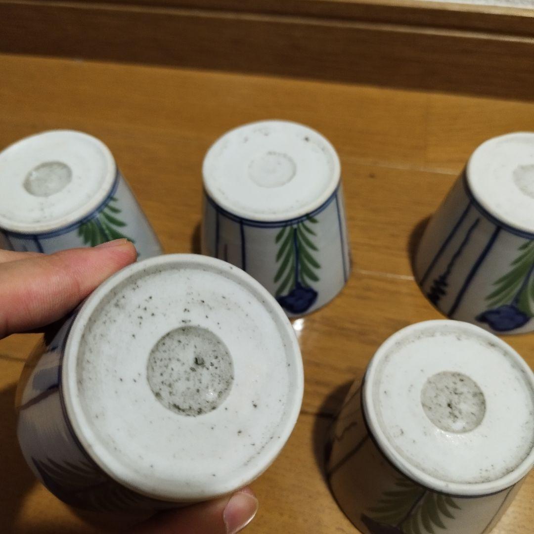 明治ごろ　草花文の蕎麦猪口　5客セット！　手書き絵付け