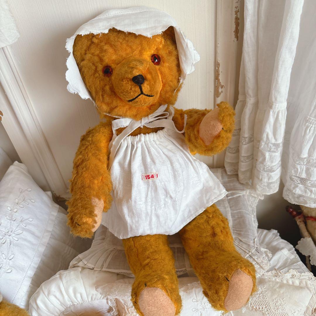 最終ʕ•ᴥ•ʔ アンティークベア　ボネエプロン付き　アンティークテディベア