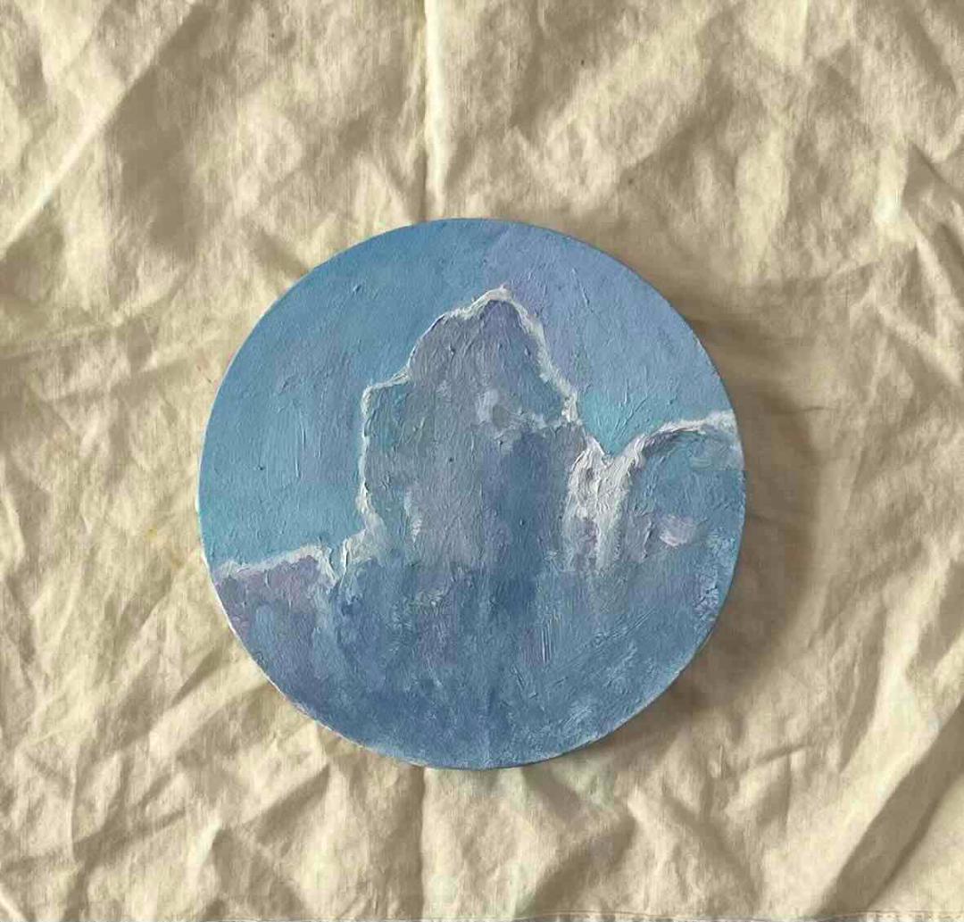 直径20㎝「画家の家の上空4」油彩・絵画・原画・丸形・アートパネル