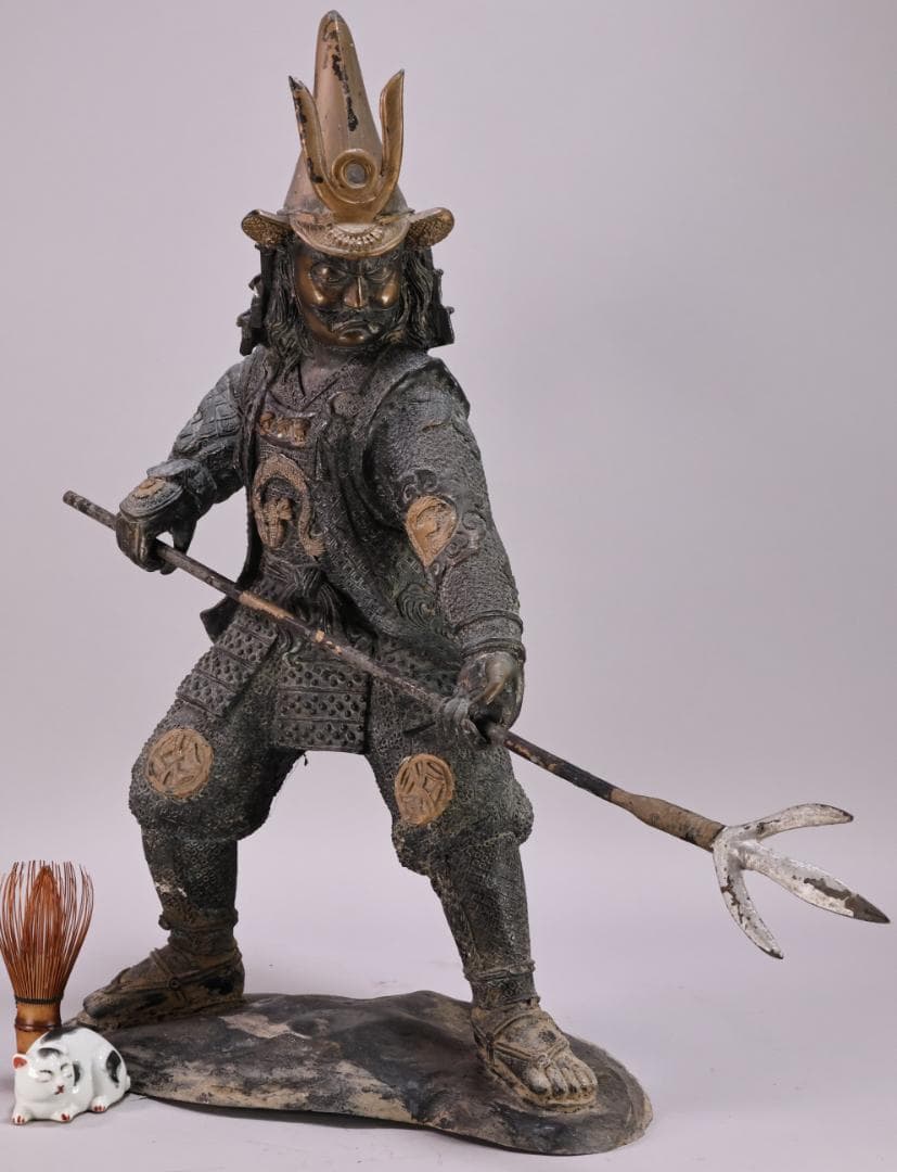 時代金工　明治期　ブロンズ像　加藤清正　薙刀　置物　床飾　高58㎝　BK091