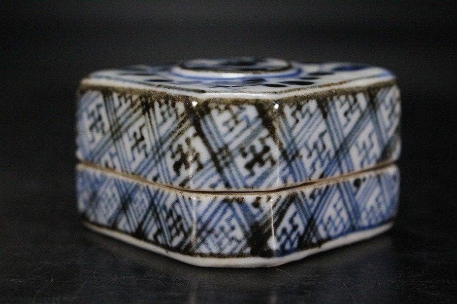 中国美術 青花 橋上人物紋 香合 蓋物 茶道具伝来