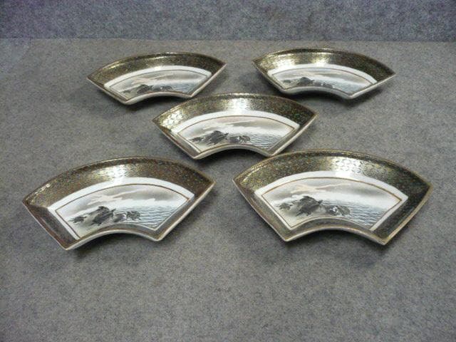 九谷焼色絵鶴亀図扇形刺身皿 5枚 [B31710]