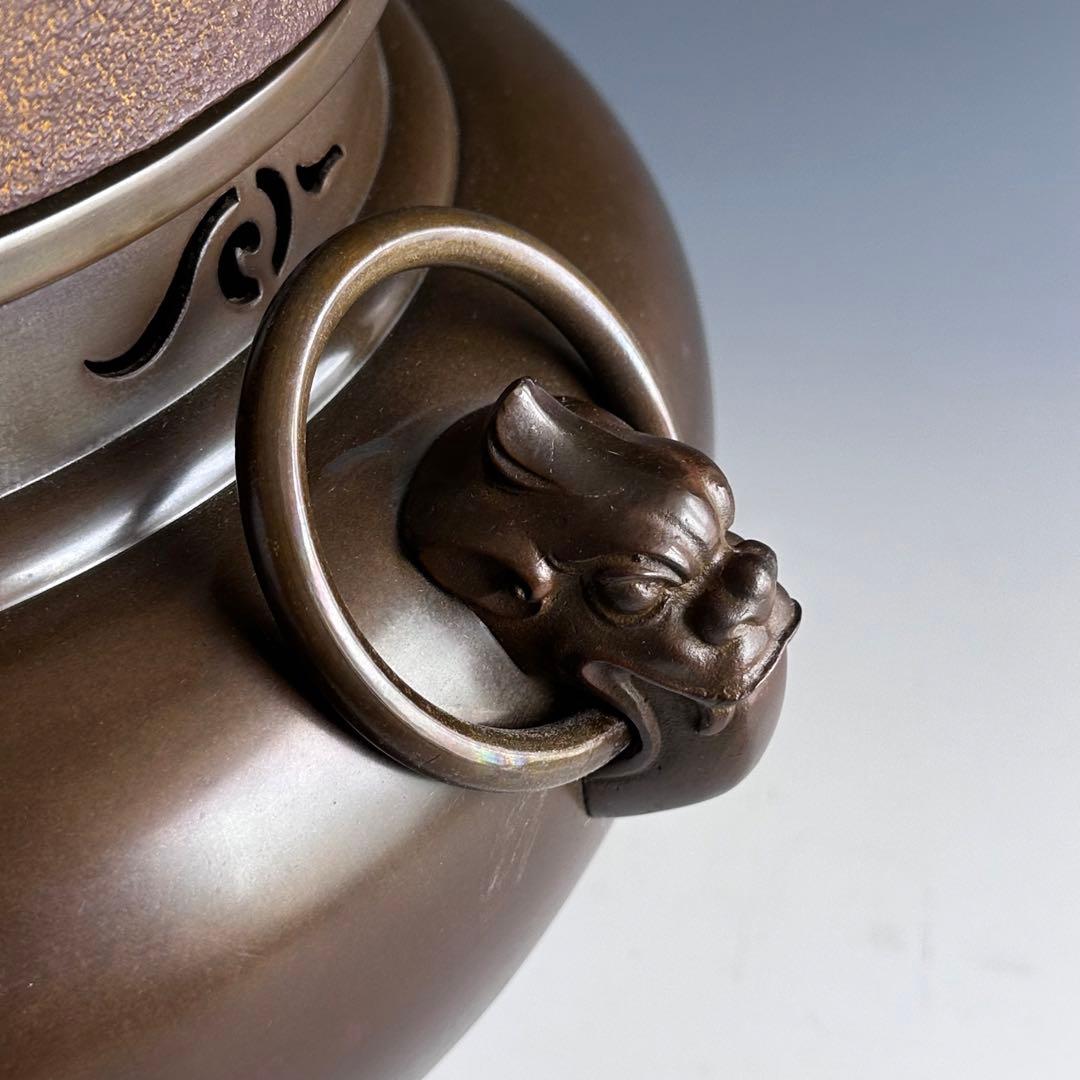 茶道具　唐銅　切掛　鬼面風炉　平丸釜添　加藤恵造　共箱　未使用　風炉　釜　稽古