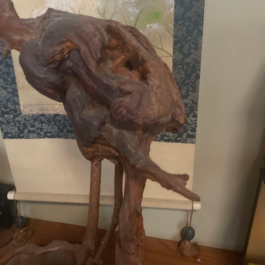 鶴の木彫オブジェ　枯れ木 流木 木彫り 彫刻 置物 アート 芸術 縁起物 古道具