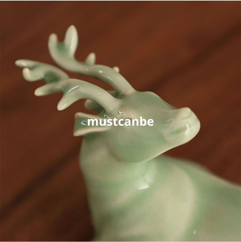 天青釉陶磁器 鹿 茶台茶寵 書房文鎮 書斎博古架 装飾品 工芸品 置物
