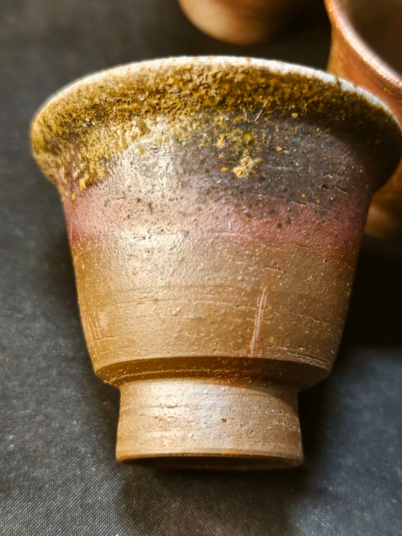 煎茶道具 備前焼 窯変宝瓶急須 奥本健一造 共箱 湯冷まし 湯呑み 火襷 胡麻