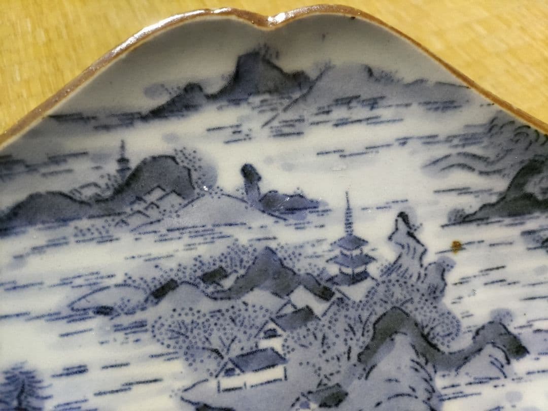古伊万里　型紙摺　印判　入隅　菱形　皿（21×17cm）二重角福　藍柿