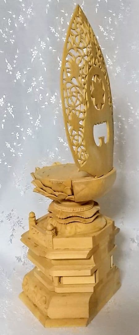 台座+光背 坐像用#544 背切 六角 宝相華唐草 透し彫 木彫 仏像付属品