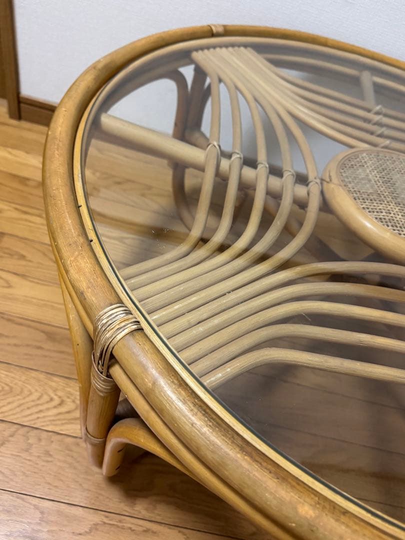 昭和レトロ ヴィンテージ ラタンラウンドテーブル 籐家具 ガラス天板