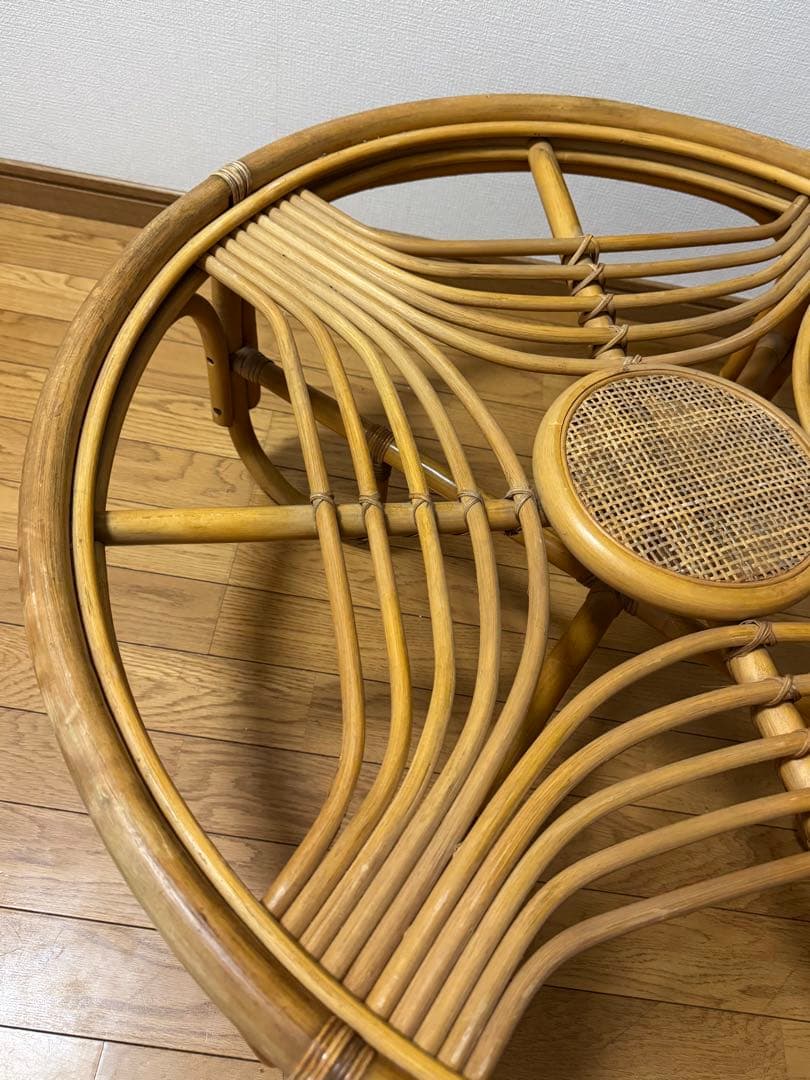 昭和レトロ ヴィンテージ ラタンラウンドテーブル 籐家具 ガラス天板